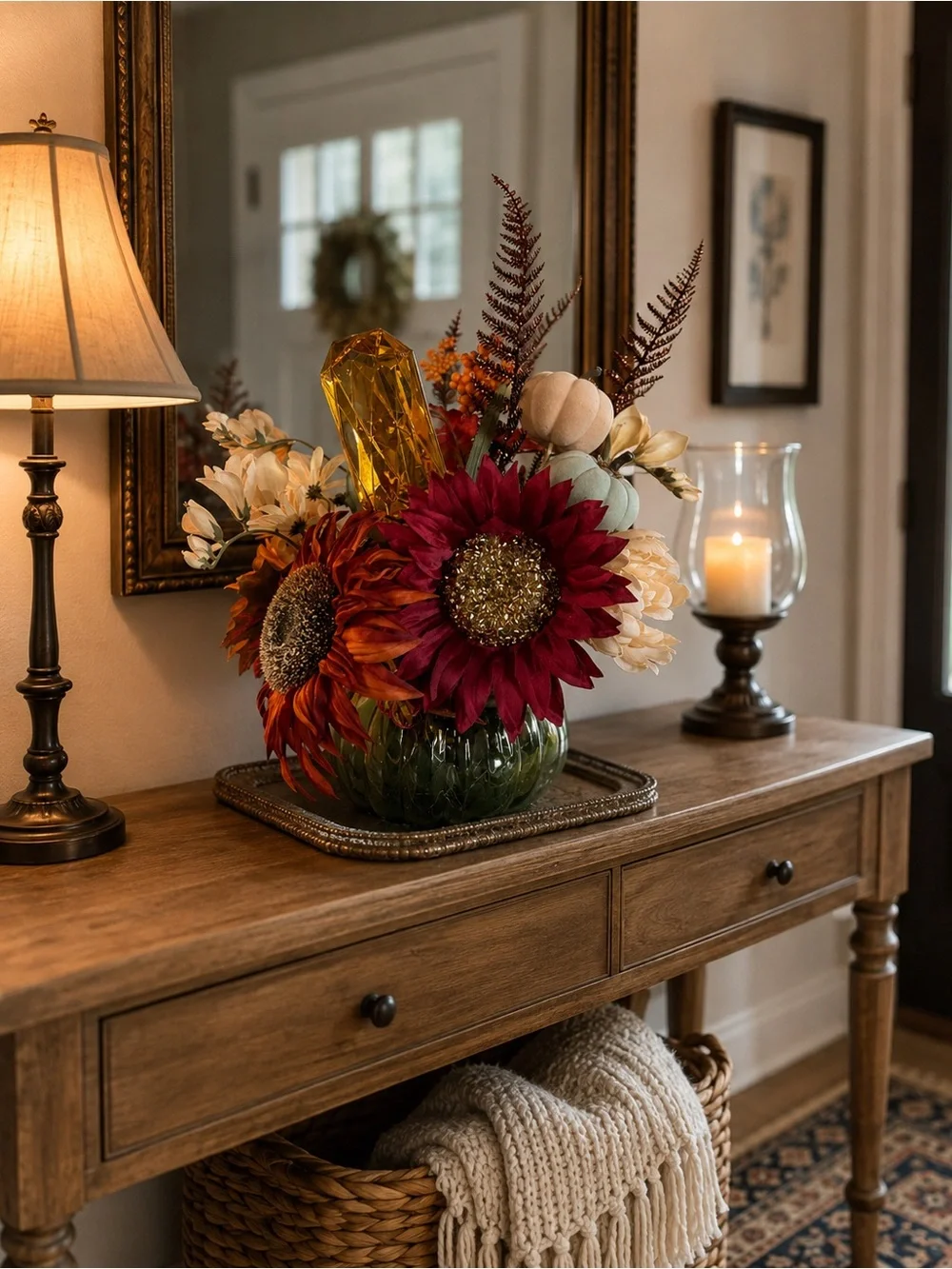 Autumn Sunflower Floral Arrangement - Red & Orange Fall Centerpiece& Amber Gem